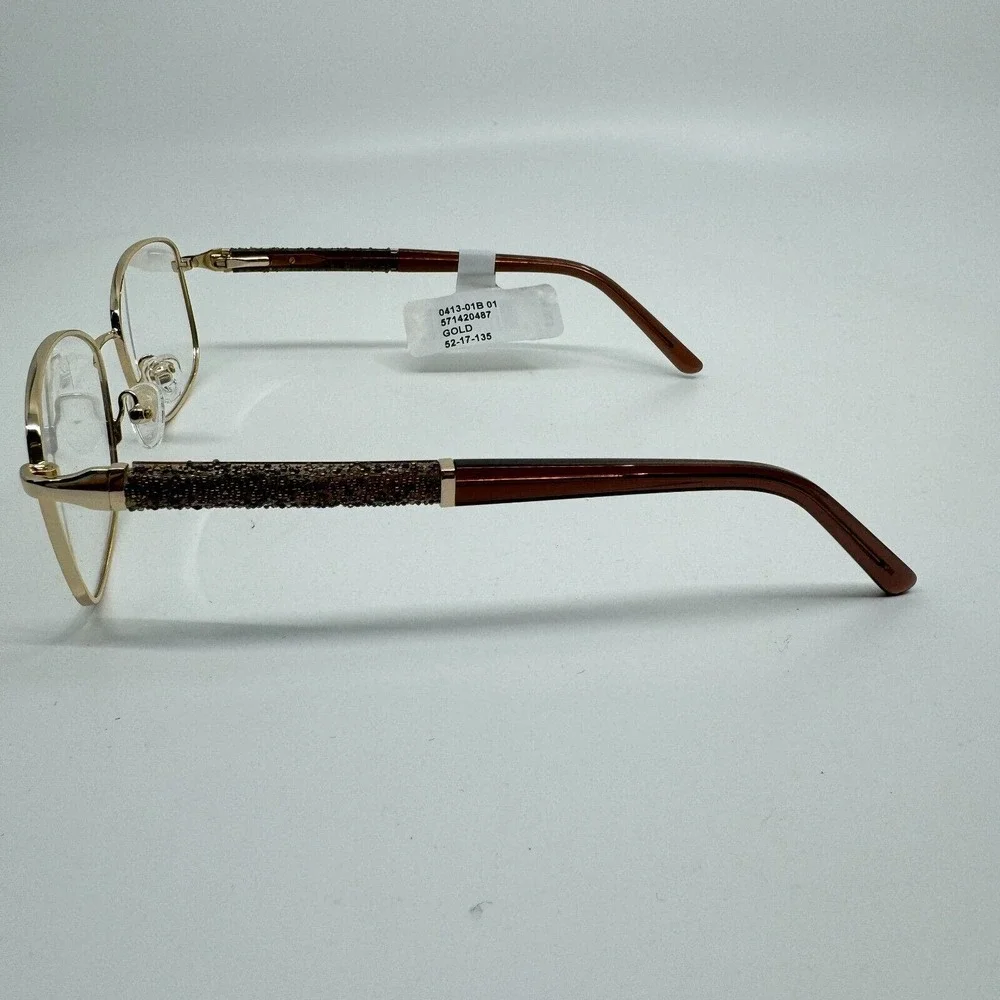 0413-01B 01 Gold Womens Rectangular Full Rim Eyeglasses Frames 52-17-135‎ H10518